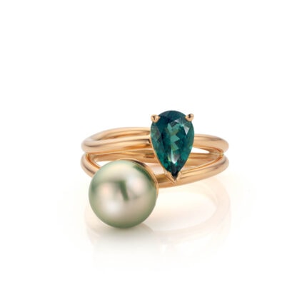 engagement ring coup-de-cœur rose gold gray-green tahiti pearl indigo tourmaline