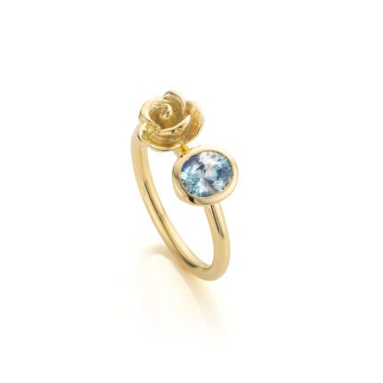 romantische ring roosje geel goud blauwe saffier marie-benedicte