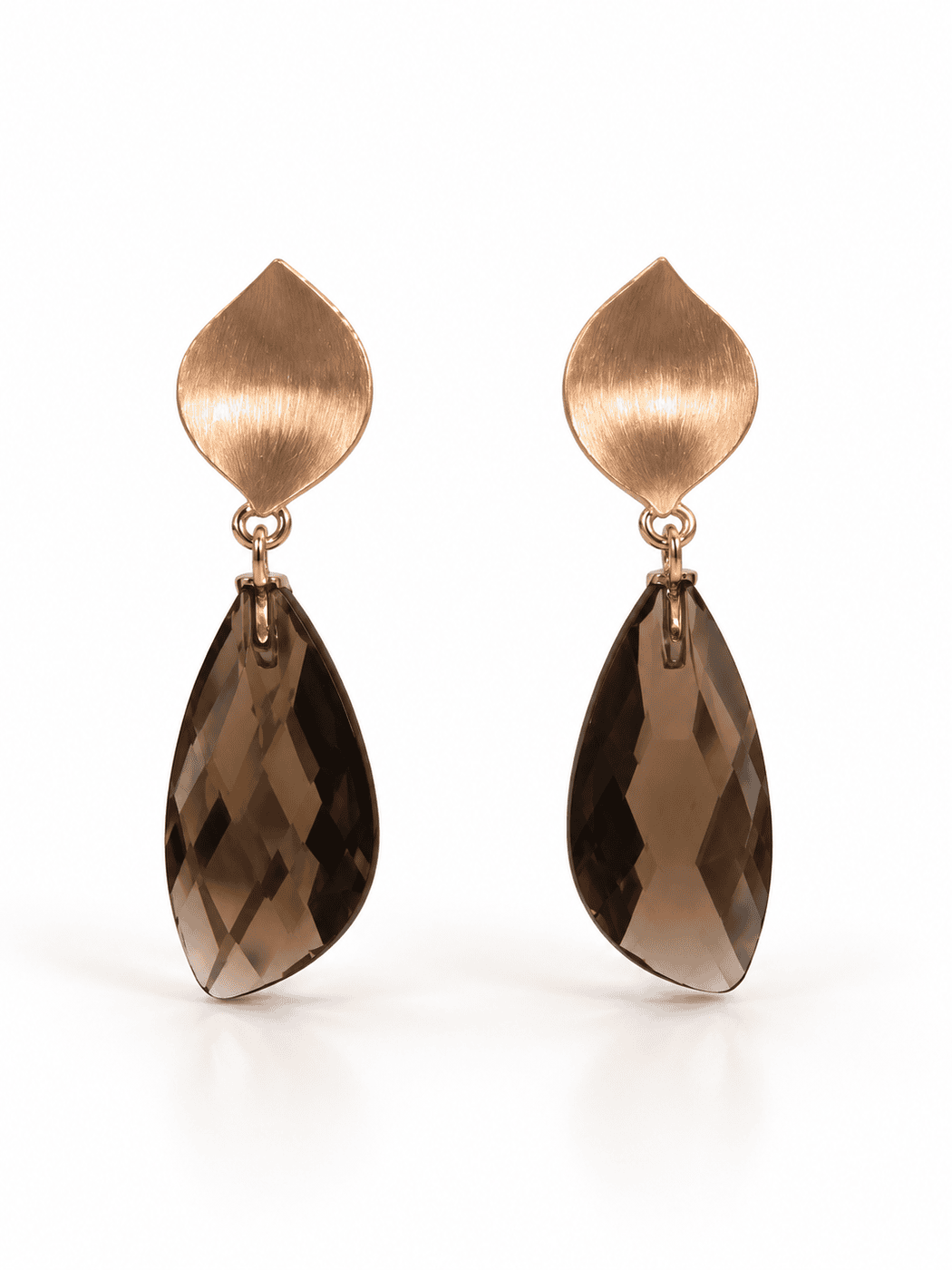 rose gold drop earrings with brown smoky quartz in fancy cut rose gold drop earrings with brown smoky quartz in fancy cut