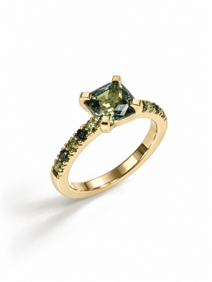 engagement ring teal sapphire green diamonds gold